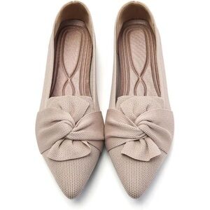 New Flat Shoes Women Cream Knit Pointed Toe Ballet Comfortable Shoes